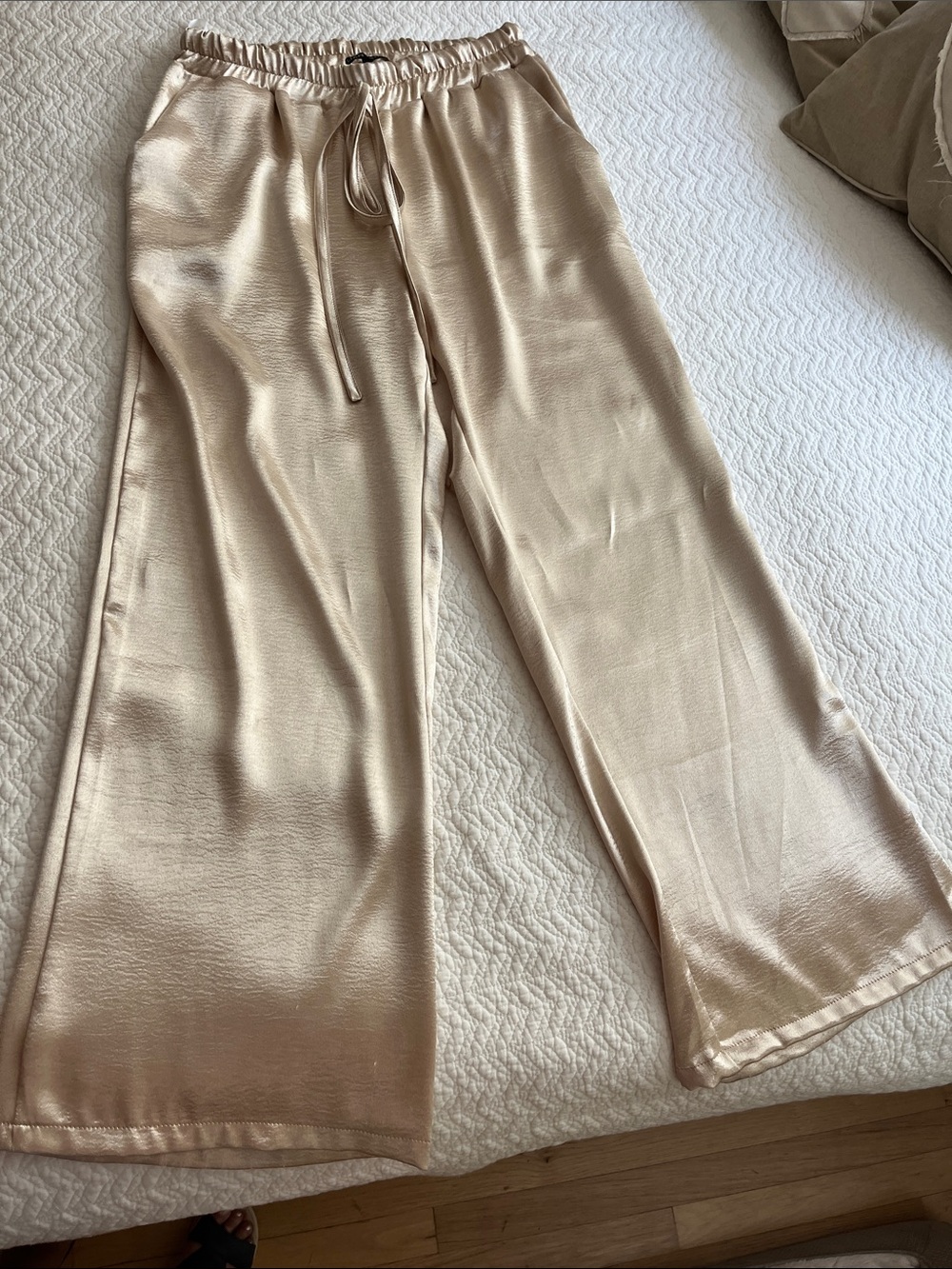 Wide Leg Drawstring Satin Pants in Champagne